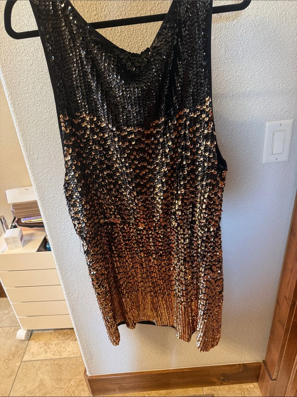Tory Burch Black and Gold Ombre Sequin V-Neck Mini Dress with tag.